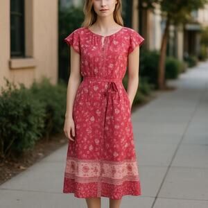 Blush Pink Maxi Floral Flutter Sleeve Tiered Sun Dress Size M - Belted & Pockets